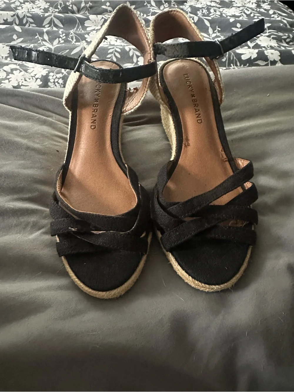 Lucky Brand Black Espadrille Ankle-Strap Wedge Sandals